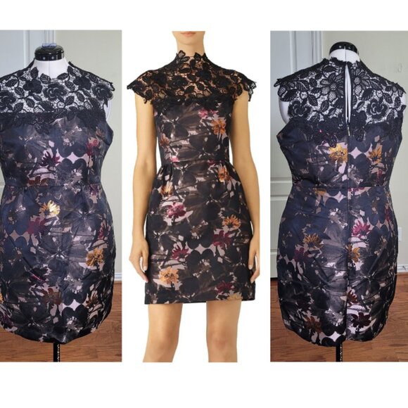 Trina Turk Gilded Dark Floral Jacquard Dress 14 Lace Cocktail Party Mini Dress - Picture 1 of 17